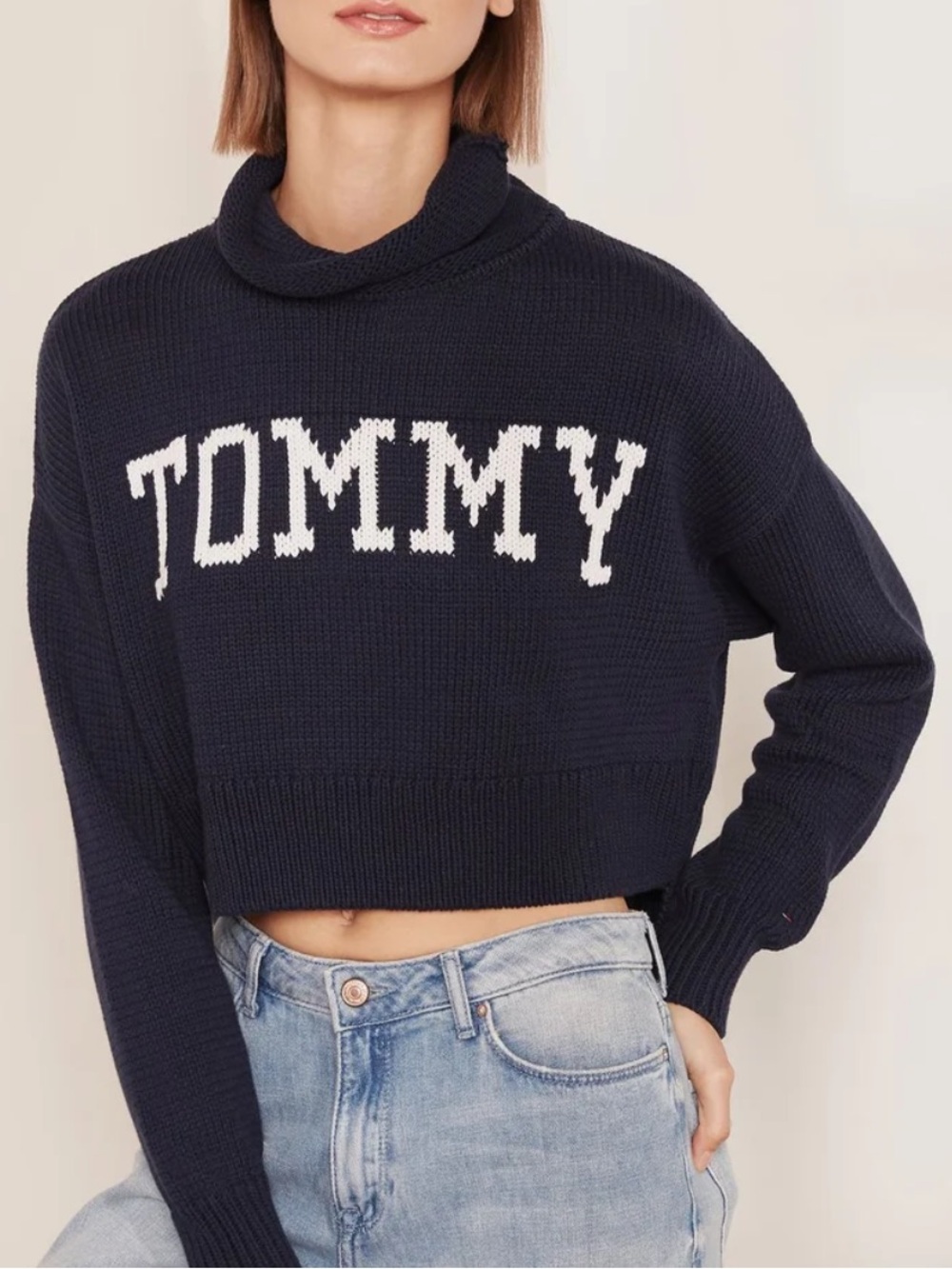 Tommy Hilfiger Navy Cropped Turtleneck Sweater with White TOMMY Logo size M